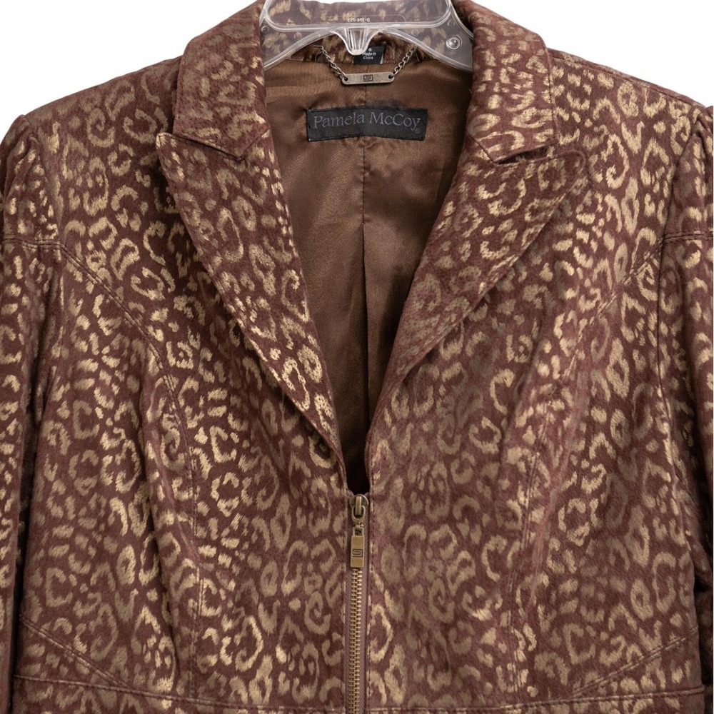Pamela McCoy Metallic Gold Leopard Print Suede Blazer Jacket Glam Mob Wife Luxe
